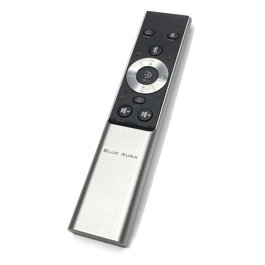 Official straight top studio view of the sleek Blue Aura v50 hybrid amplifier remote control, showcasing its premium brushed aluminium casing and minimalist button layout.