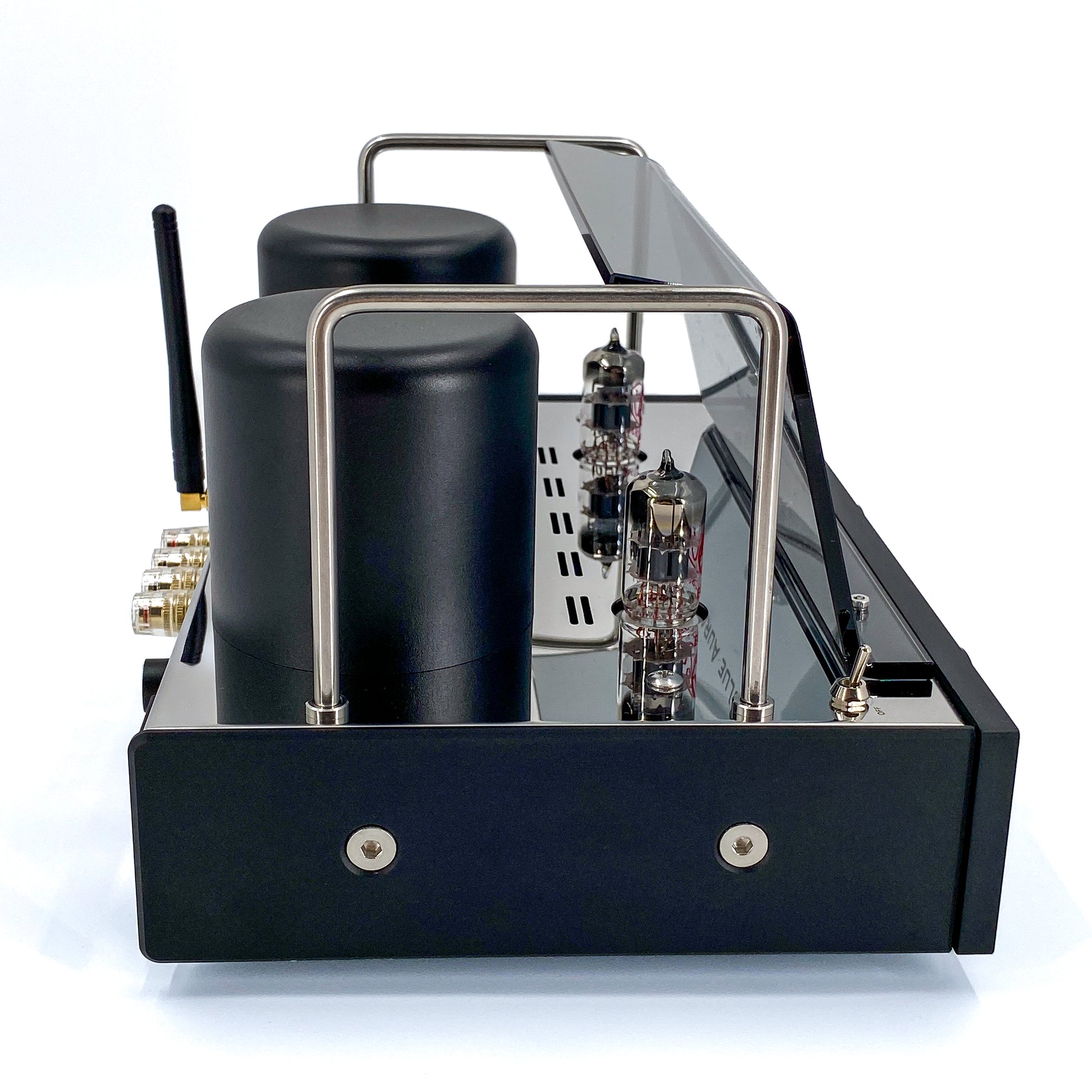 Official high-angle side profile studio view of the Blue Aura v50 hybrid valve amplifier, showcasing its textured black side panel, vacuum tubes, and protective plexiglas tube guard.