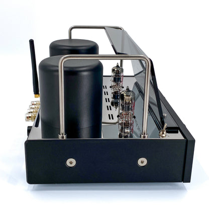 Official high-angle side profile studio view of the Blue Aura v50 hybrid valve amplifier, showcasing its textured black side panel, vacuum tubes, and protective plexiglas tube guard.