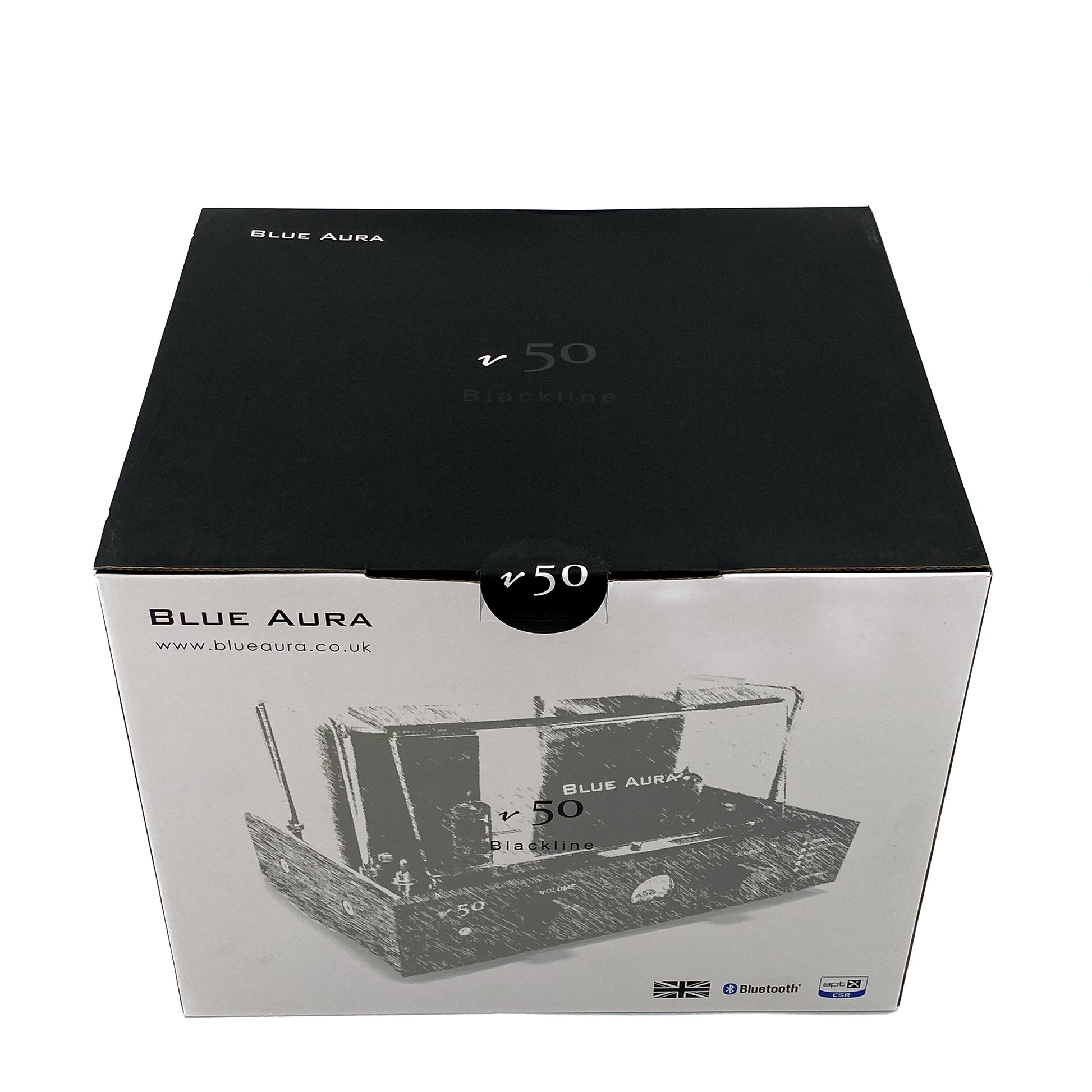 High-angle three-quarter studio shot of the official branded retail packaging box for the Blue Aura v50 hybrid valve amplifier.