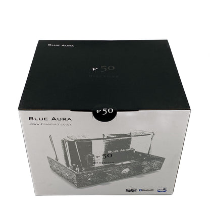 High-angle three-quarter studio shot of the official branded retail packaging box for the Blue Aura v50 hybrid valve amplifier.