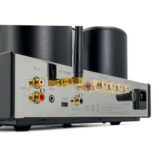 Three-quarter studio view of the Blue Aura v50 hybrid valve amplifier rear panel inputs and gold-plated terminals.