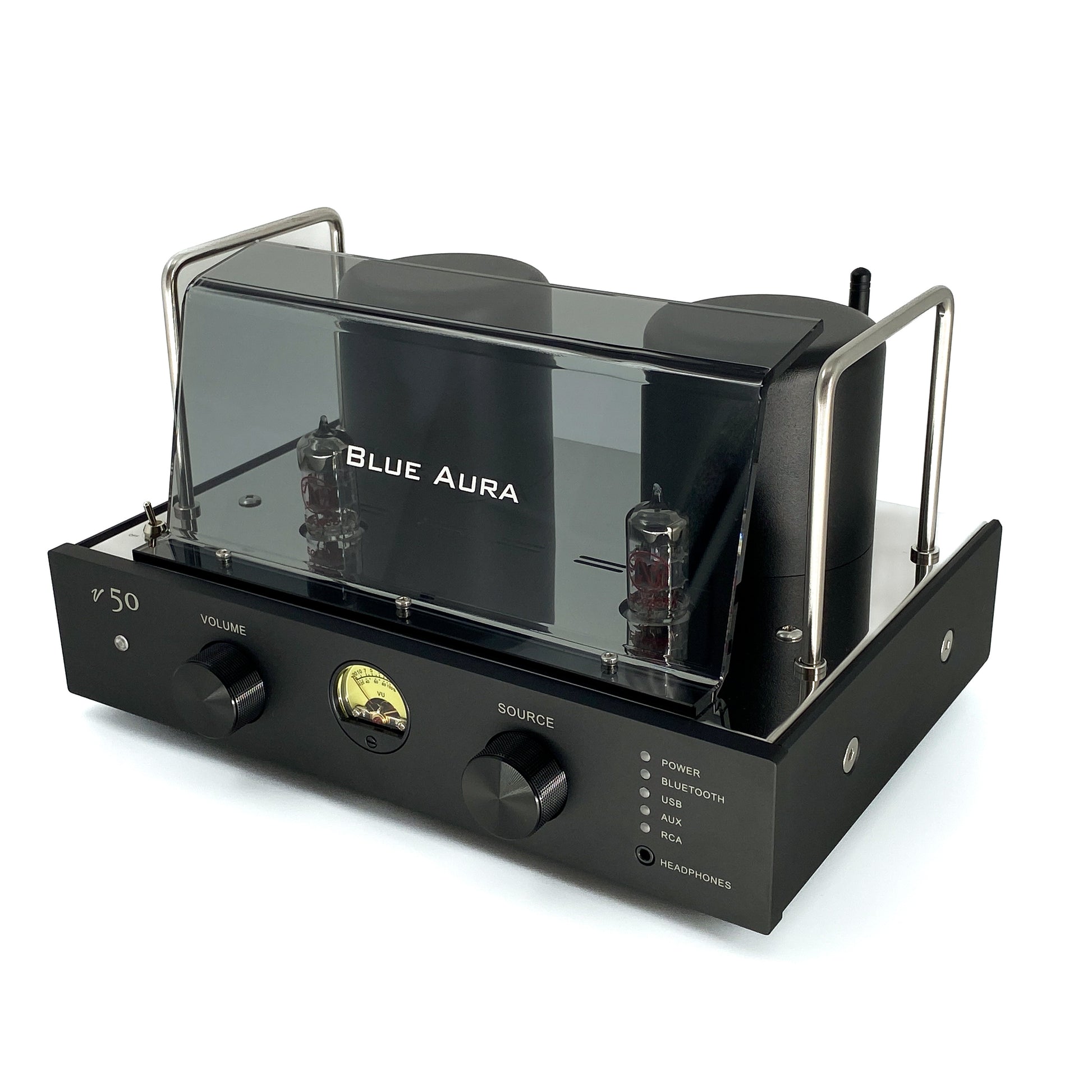Official high-angle three-quarter studio view of the Blue Aura v50 hybrid valve amplifier at rest, highlighting its sleek front panel with dual black aluminium control knobs, circular VU meter, and protective plexiglas tube guard.