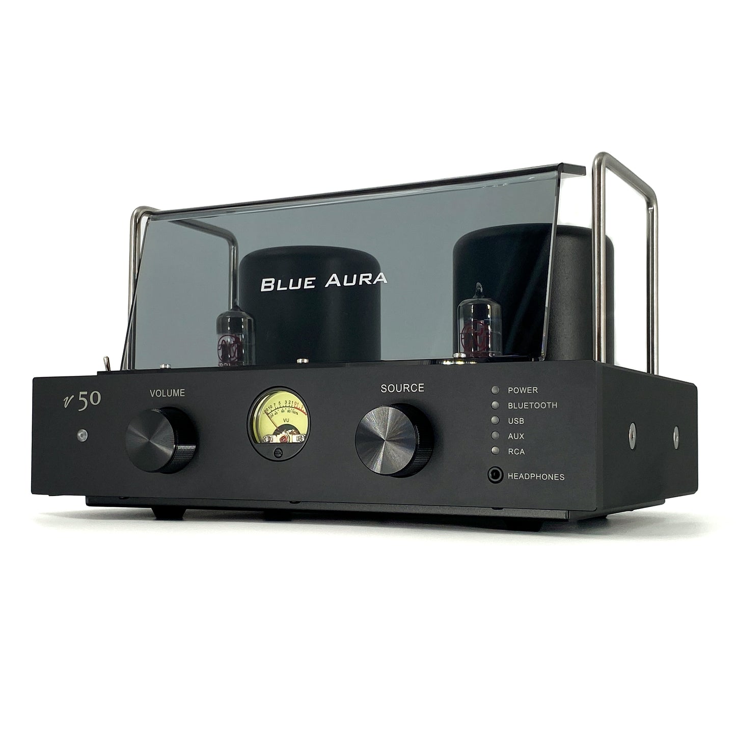 Official low-angle three-quarter studio shot of the Blue Aura v50 hybrid valve amplifier at rest, showcasing its sleek front panel, dual black aluminium control knobs, circular VU meter, and protective plexiglas tube guard.