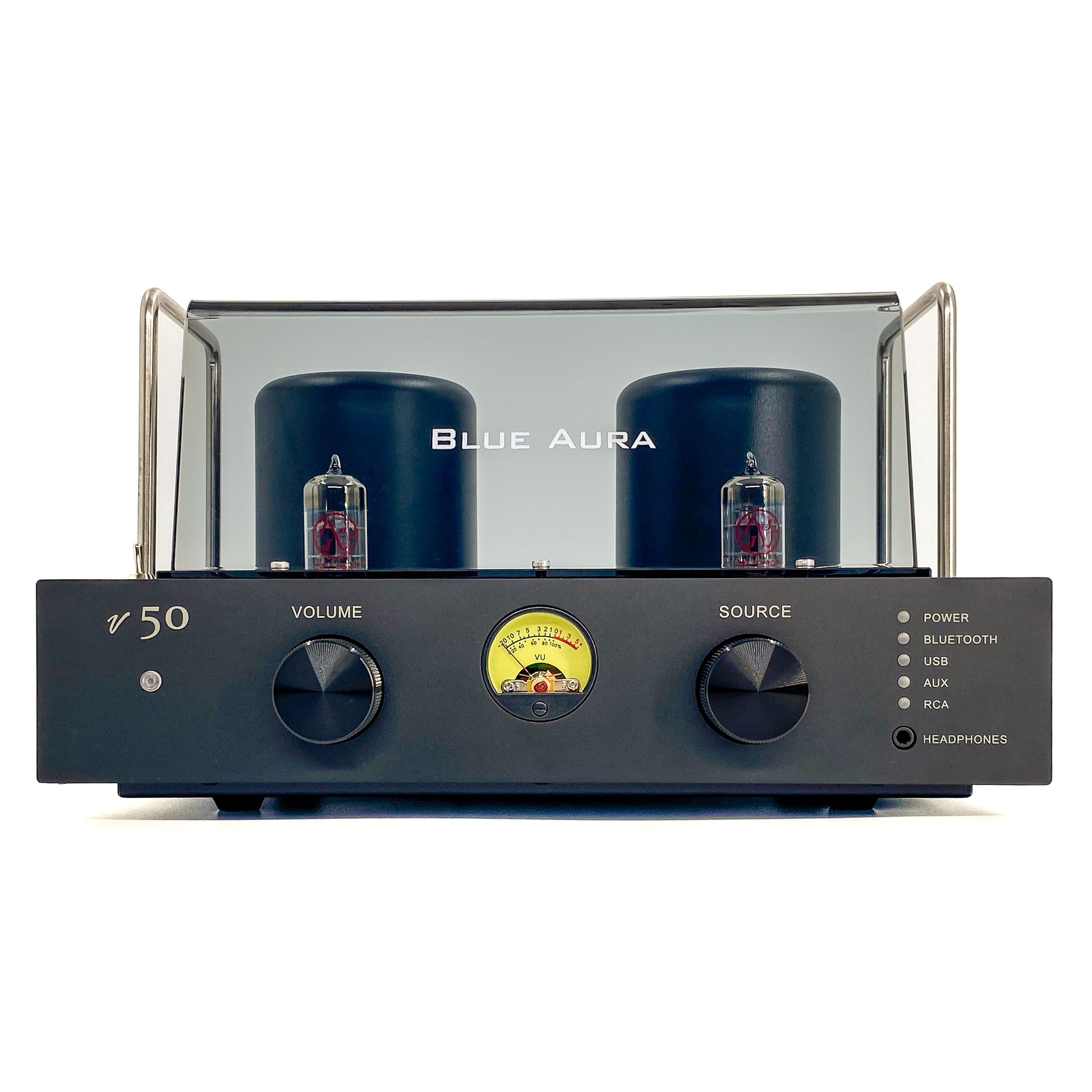 Official straight front studio view of the Blue Aura v50 hybrid valve amplifier at rest, showcasing its sleek front panel with dual black aluminium control knobs, circular yellow VU meter, and dual JJ Electronic ECC83 vacuum tubes behind the transparent protective plexiglas tube guard.