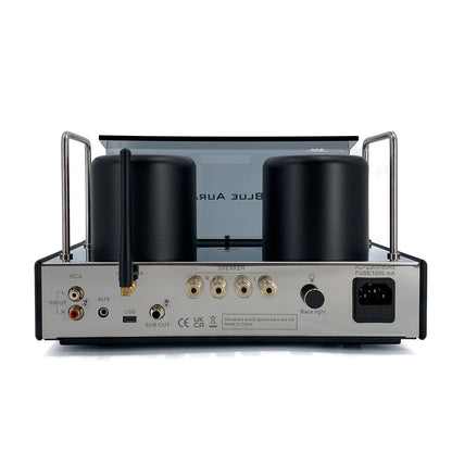 Official straight rear studio view of the Blue Aura v50 hybrid valve amplifier at rest, showcasing its backplate connectivity with gold-plated speaker terminals, RCA and AUX inputs, sub out, and a vertical Bluetooth antenna.