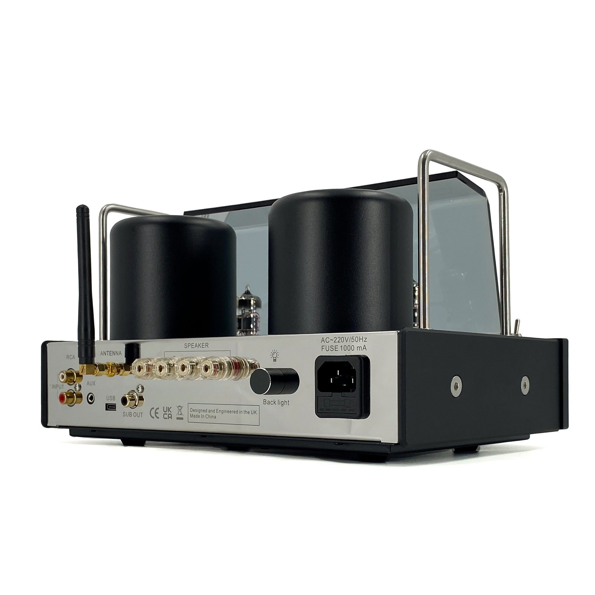 Three-quarter studio view of the Blue Aura v50 hybrid valve amplifier on a white background.