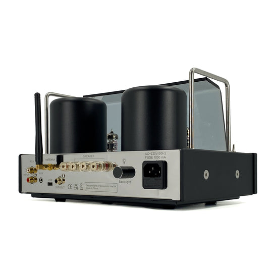 Three-quarter studio view of the Blue Aura v50 hybrid valve amplifier on a white background.