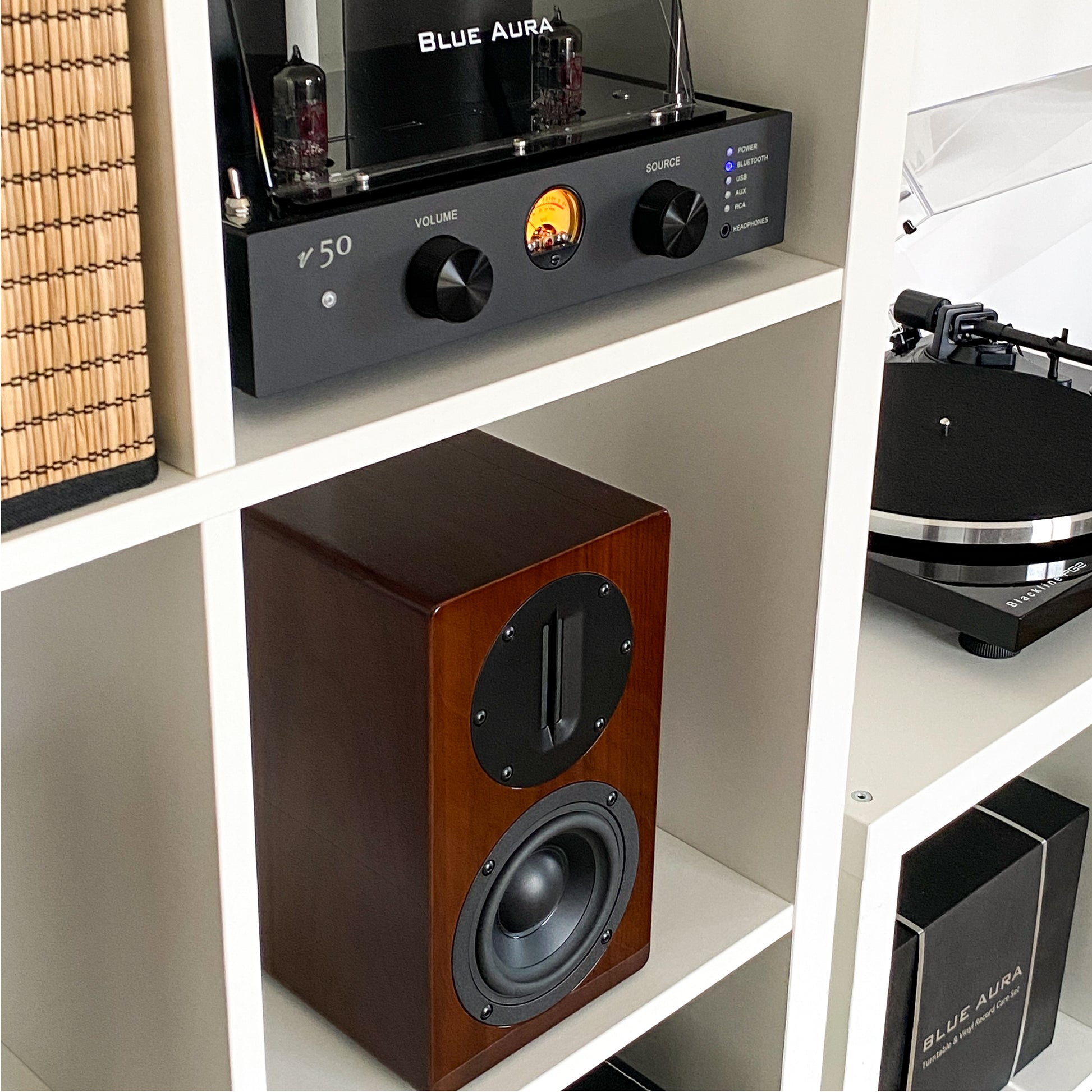 Blue Aura v50 hybrid valve amplifier and Walnut AT700 speaker inside a white bookshelf.
