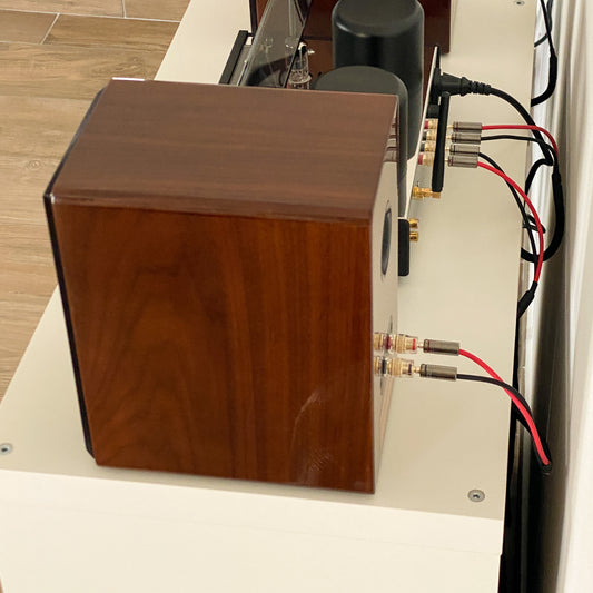 Top-down view of the Walnut AT700 speaker highlighting the wood grain underneath the high-gloss finish.