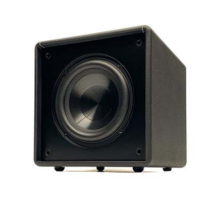 Official three-quarter studio shot of the Blue Aura X-Sub active subwoofer without its front grille, showcasing the front-firing driver and premium black leatherette cabinet.
