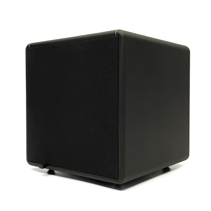 Official three-quarter studio view of the Blue Aura X-Sub active subwoofer fitted with its black fabric front protective grille.