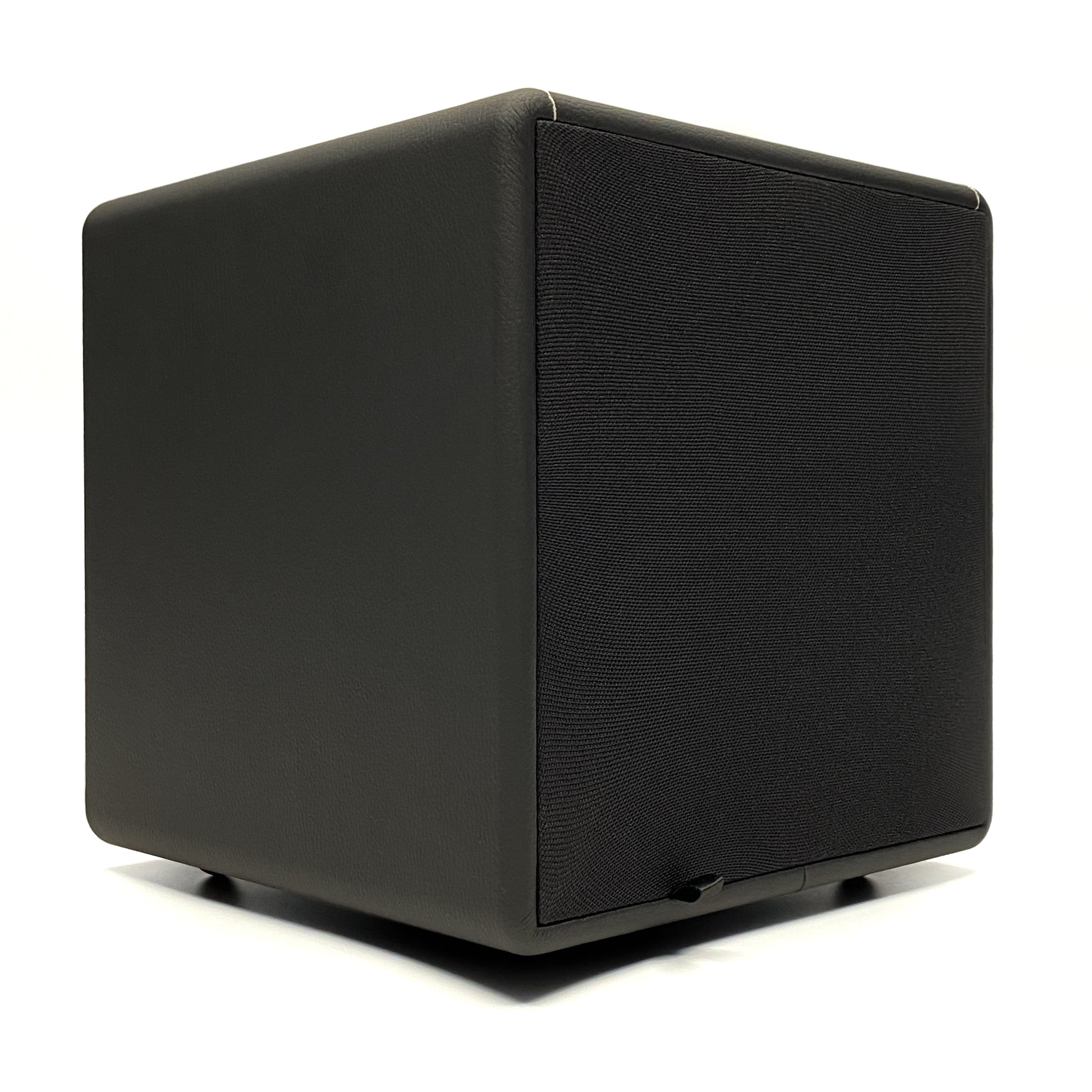 Official three-quarter studio view of the Blue Aura X-Sub active subwoofer fitted with its black fabric front protective grille.