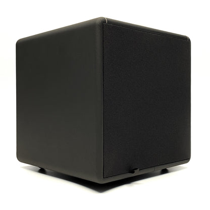Official three-quarter studio view of the Blue Aura X-Sub active subwoofer fitted with its black fabric front protective grille.