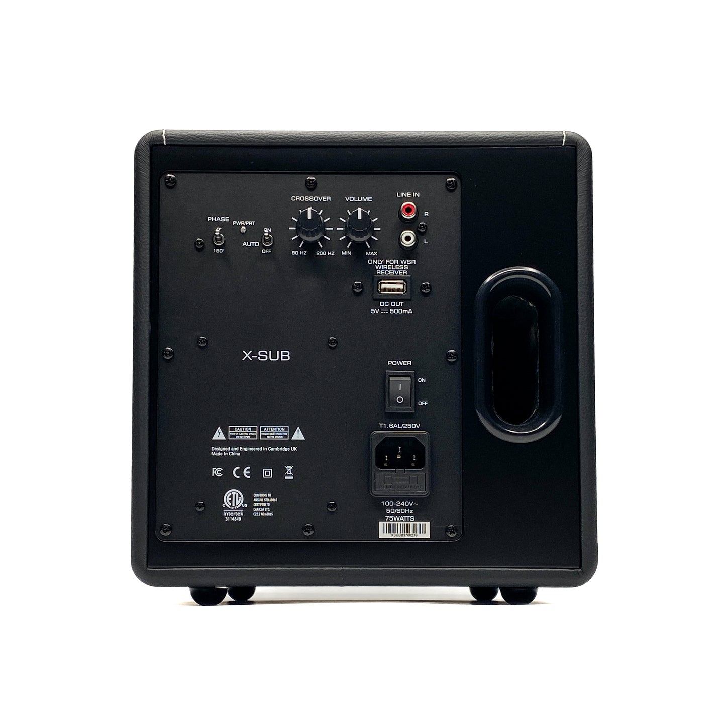 Straight rear studio view of the Blue Aura X-Sub active subwoofer, showcasing its backplate amplifier with crossover dials, volume control, phase switch, and RCA line inputs.