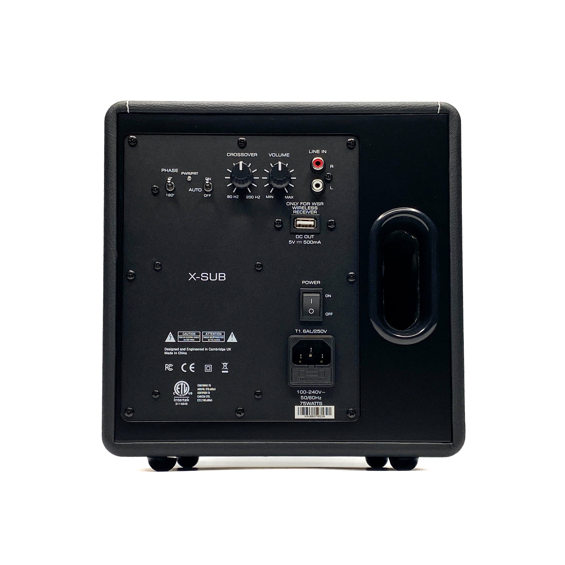Straight rear studio view of the Blue Aura X-Sub active subwoofer, showcasing its backplate amplifier with crossover dials, volume control, phase switch, and RCA line inputs.