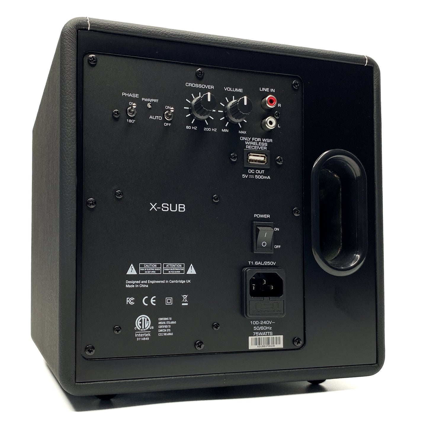 Three-quarter rear studio view of the Blue Aura X-Sub active subwoofer, showcasing its vertical bass reflex port, amplifier backplate, and premium black leatherette cabinet.
