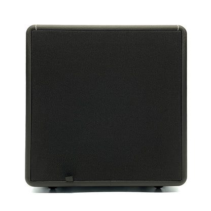 Front studio view of the Blue Aura X-Sub active subwoofer with its fabric grille on a white background.