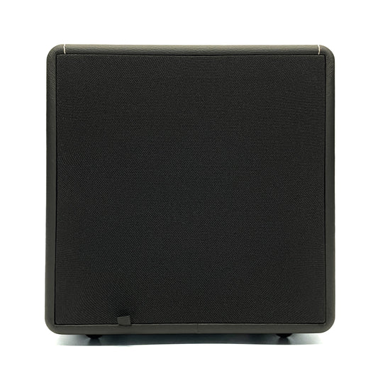 Front studio view of the Blue Aura X-Sub active subwoofer with its fabric grille on a white background.