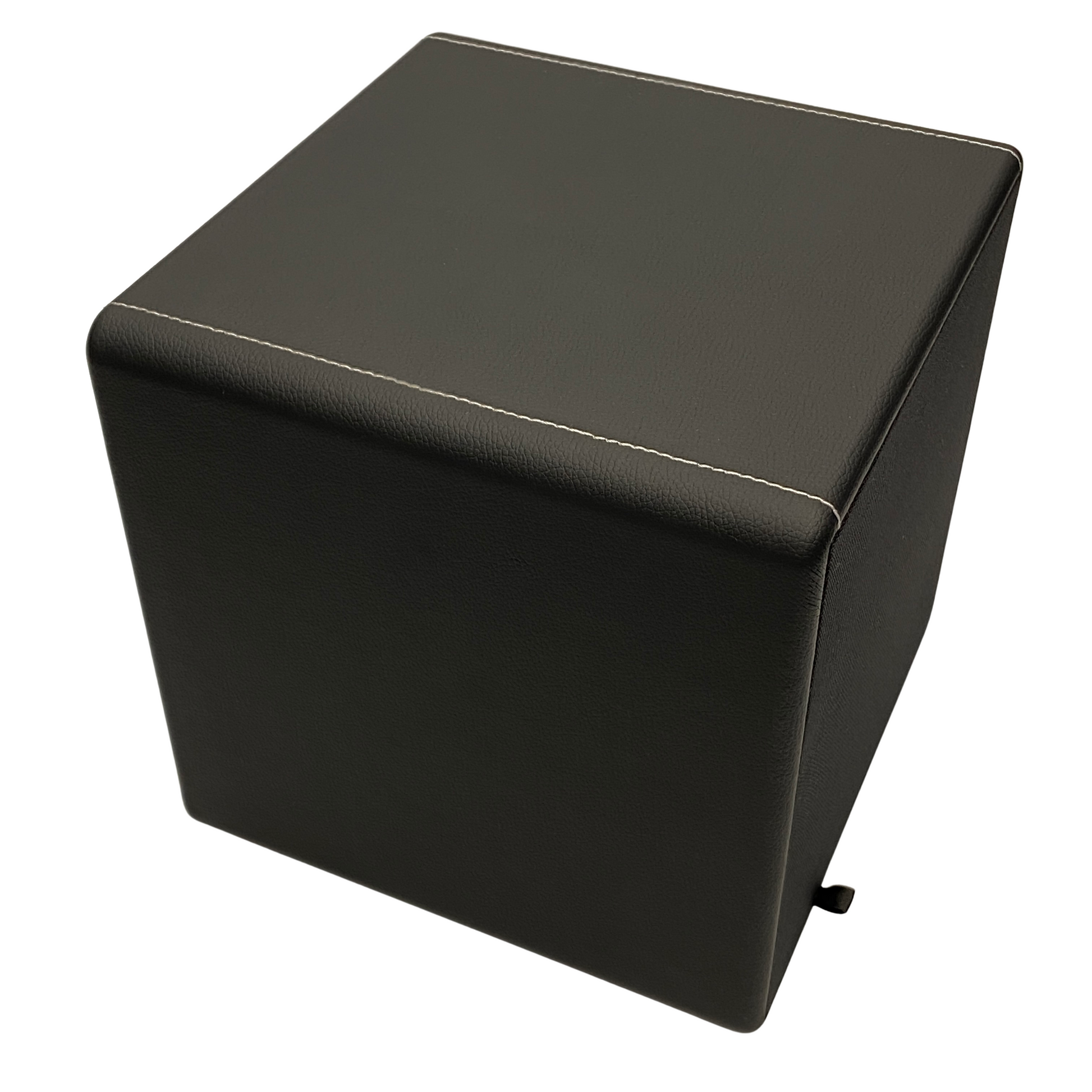 Three-quarter view of the Blue Aura X-Sub active subwoofer in faux leather.