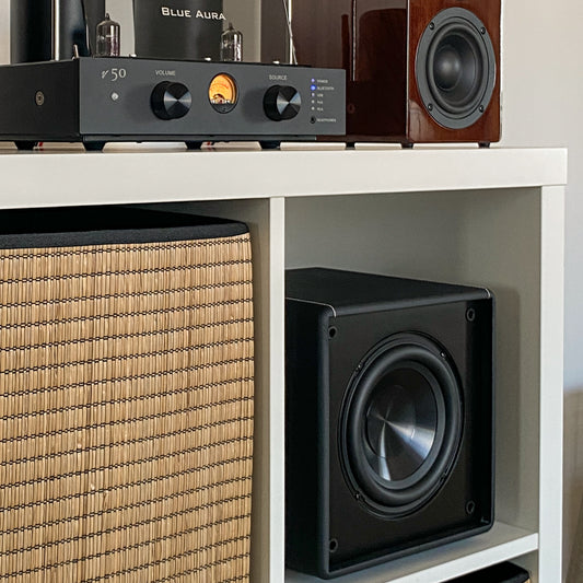 Close-up of the Blue Aura X-Sub active subwoofer placed inside a case of a white bookshelf cabinet.