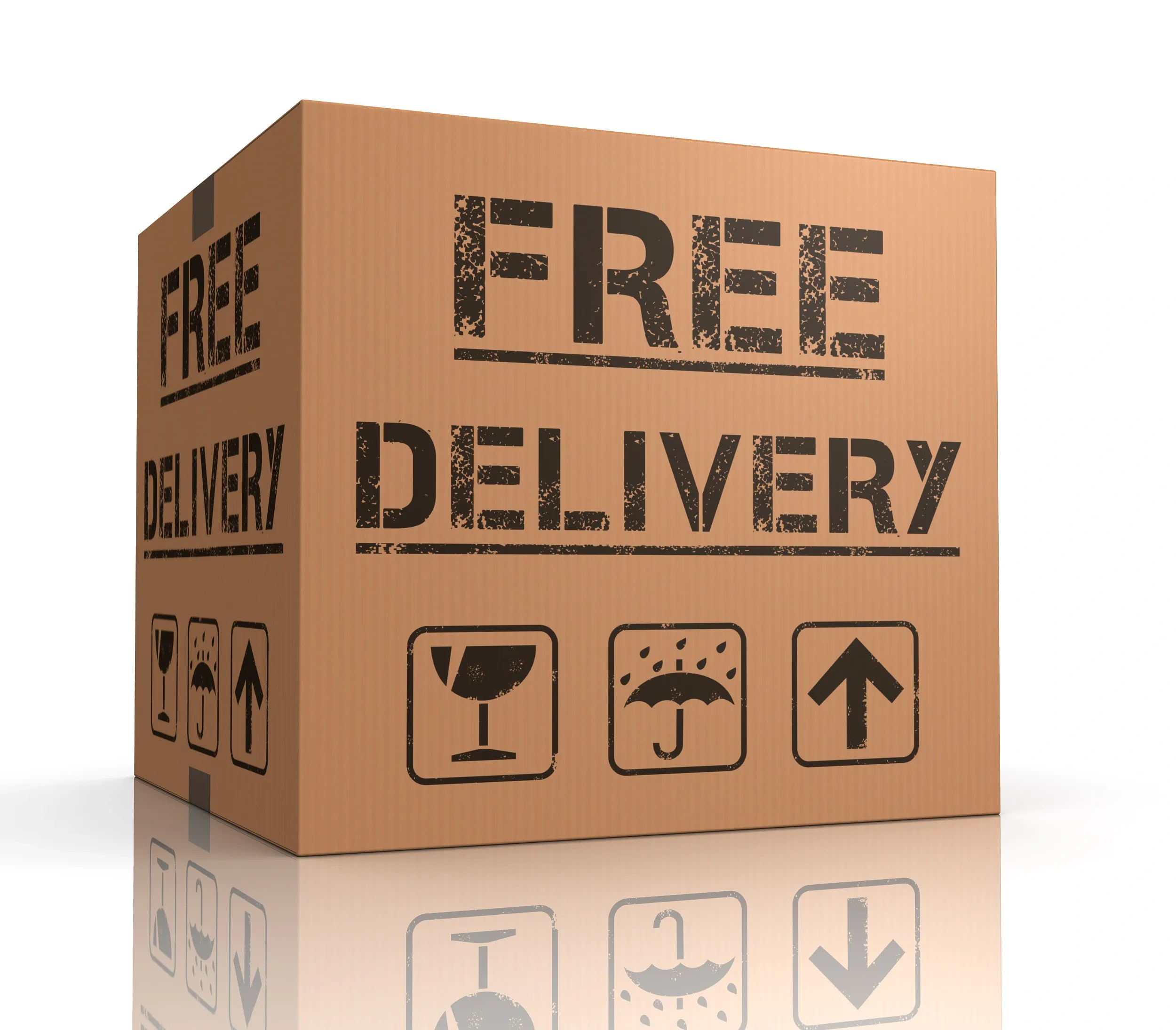 Official commercial graphic displaying a cardboard shipping box with free delivery and fast tracked shipping text on a clean white reflection.