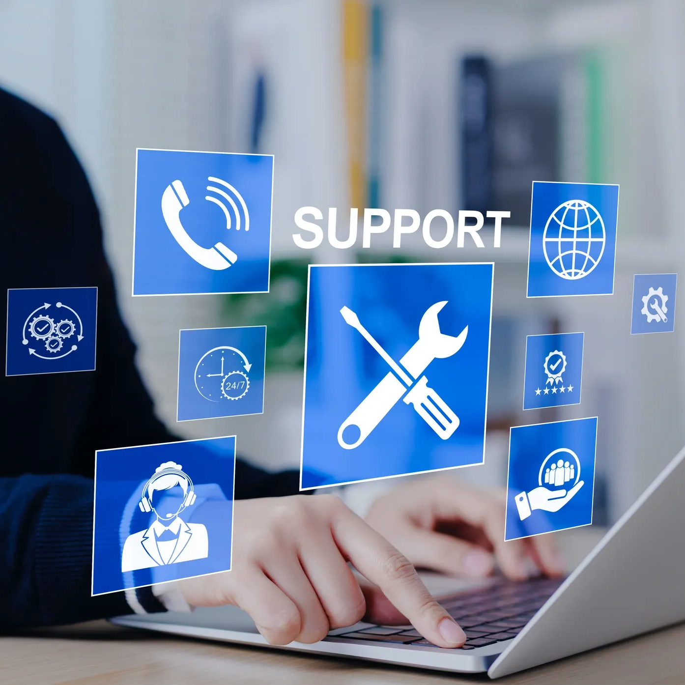 Illustrative digital marketing graphic focusing on the premium-sound-it customer assistance, professional technical support, and warranty services.