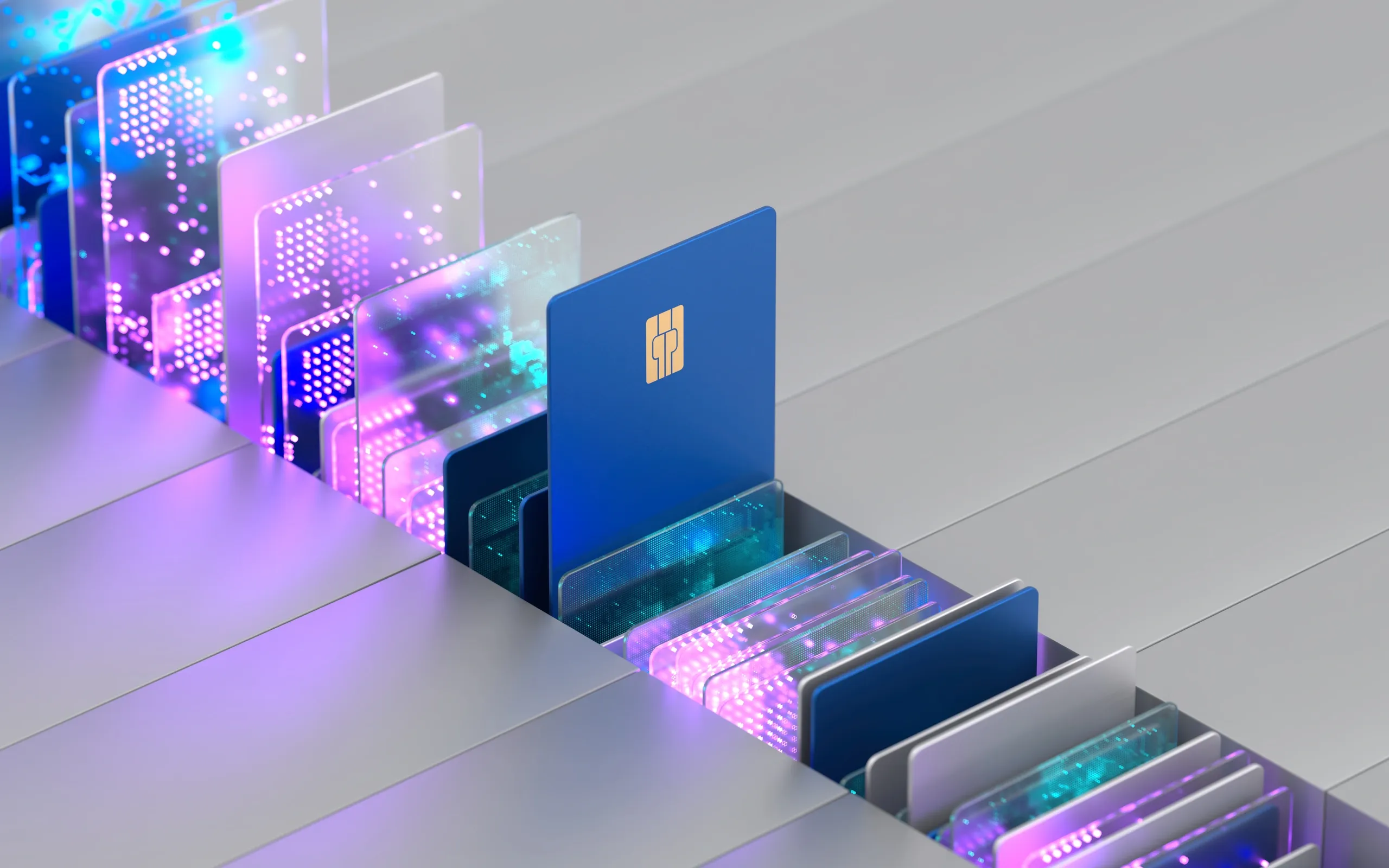 Conceptual high-tech graphic of credit cards under ambient purple light, illustrating secure and split payment methods including PayPal, Klarna, Apple Pay, and Google Pay for premium-sound-it.