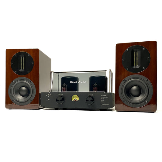 Official studio hero banner view showcasing the premium Blue Aura v50 and AT700 Walnut high-fidelity stereo system pack on a clean background.