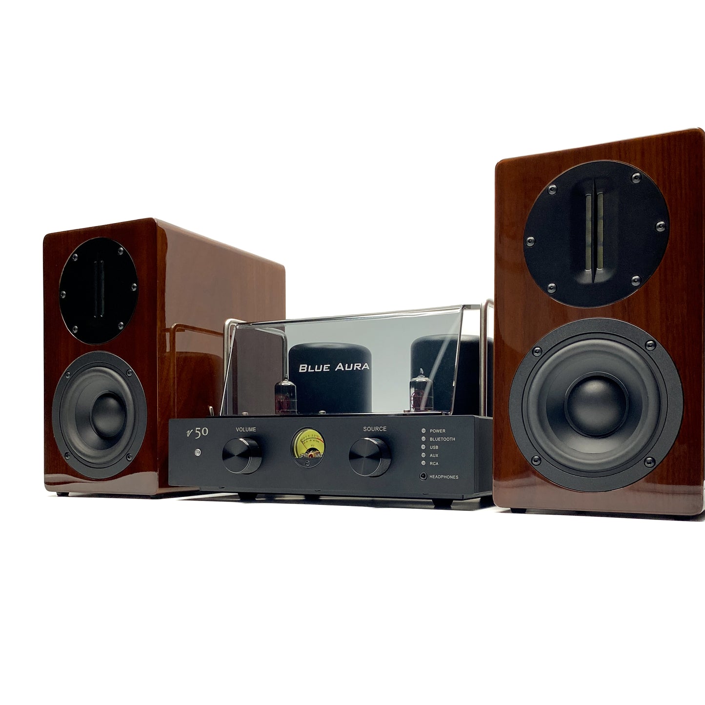 Official three-quarter studio view of the premium Blue Aura v50 and AT700 Walnut high-fidelity stereo system pack, showcasing the design from an angled perspective.